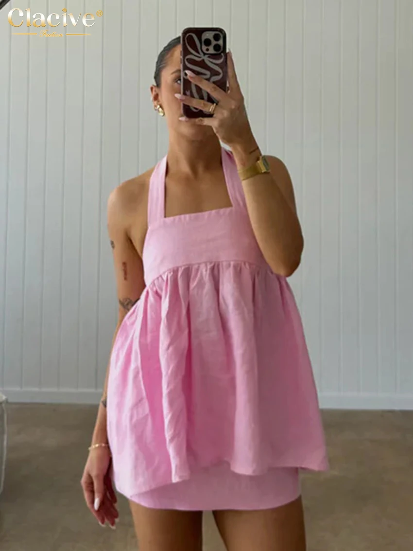 

Clacive Fashion Loose Pink Cotton Women's Two Pieces Set 2026 Sexy Sleeveless Tank Top With High Waist Mini Skirt Set Female