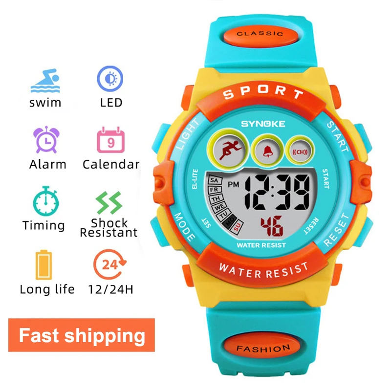 Kids Digital Sports Watch For Boys Girls SYNOKE 9802 Waterproof Casual Electronic 7 Colorful Led Watches With Alarm Luminous