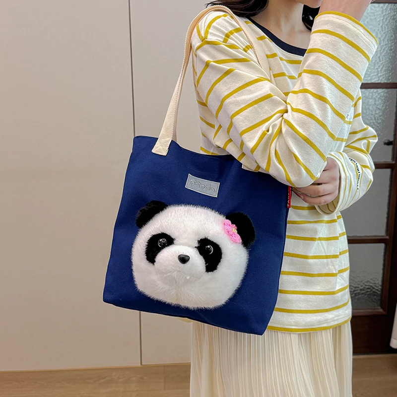 

Cute 3D Panda Plush Tote Bag Women's Large Capacity Canvas Shoulder Bag for Daily Use Shopping School with Kawaii Flower Detail