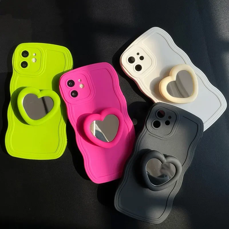 Heart Mirror Holder Phone Case for IPhone 15 14 Pro Max 13 12 11 Pro 7 8 15 14 Plus XS Max XR X Stand Back Cover Protect Shell