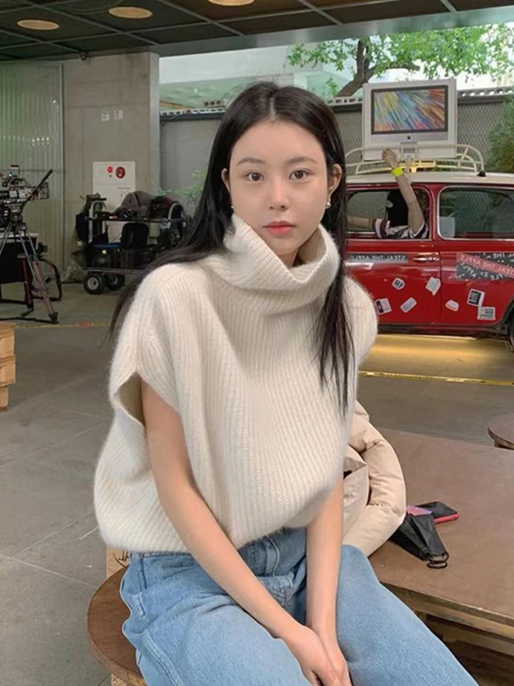 

Turtleneck Sweater Vest Women Solid Simple Loose Casual Korean Knitted Pullovers Waistcoat Fashion Sweet Office Lady Jumpers New