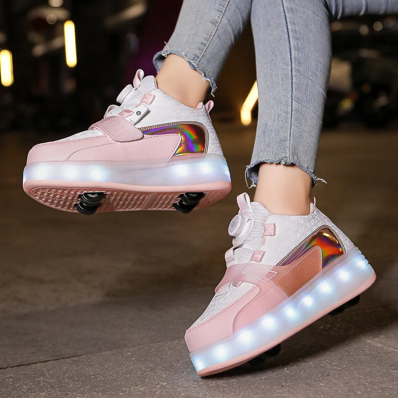 Trend Kids 4 ruote Roller Skate Shoes for Boys Girls fibbia girevole LED Light Luminous Sneakers Outdoor scarpe Casual per bambini