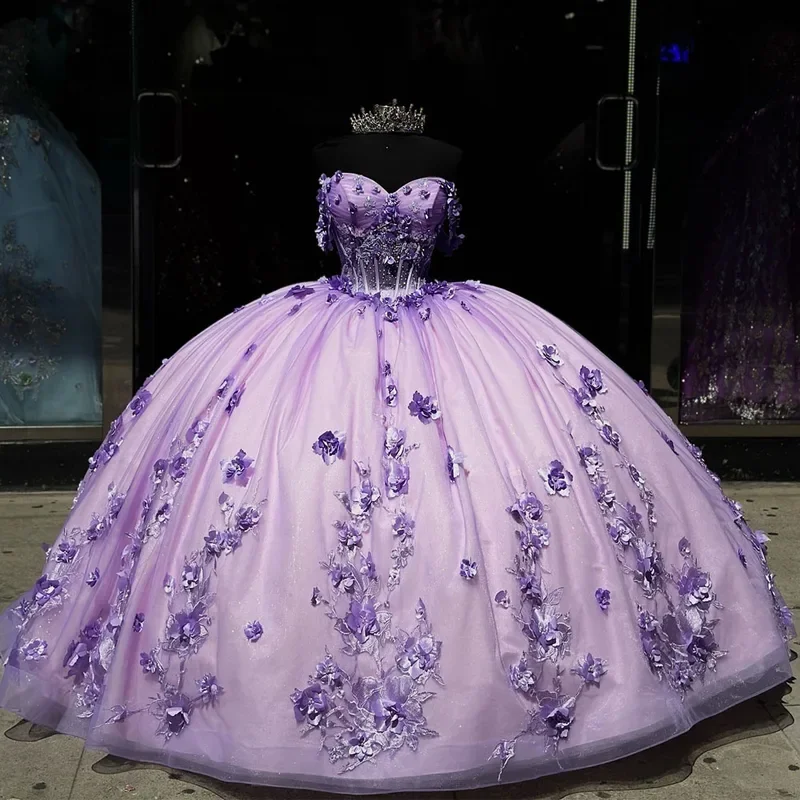 Elegant lilac quinceanera dress ball gown pink sequins lace applique beading bow corset Sweet 16 Vestido de 15 anos