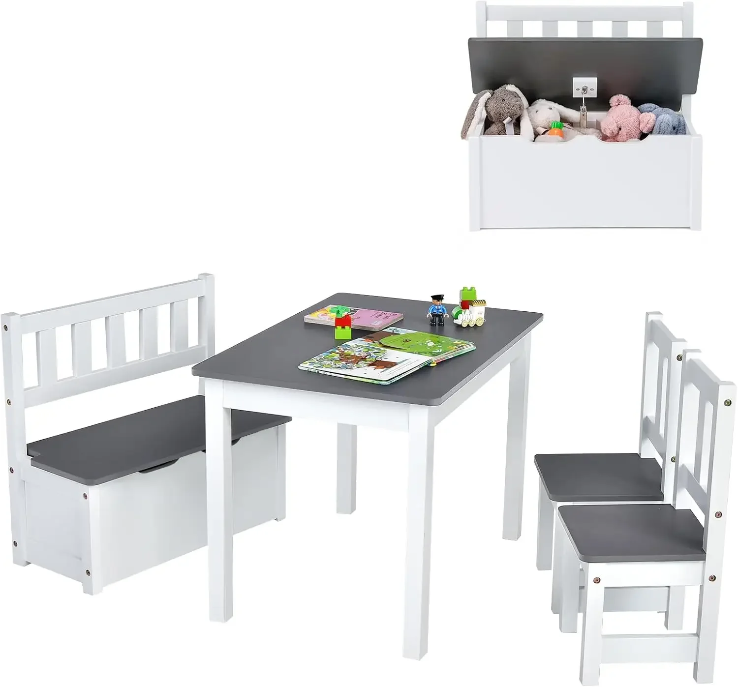 Kids Table and Chair Set, Wood Activity Table with Toy Storage Bench & 2 Chairs for Children Reading, Arts, Crafts, Snack Time,