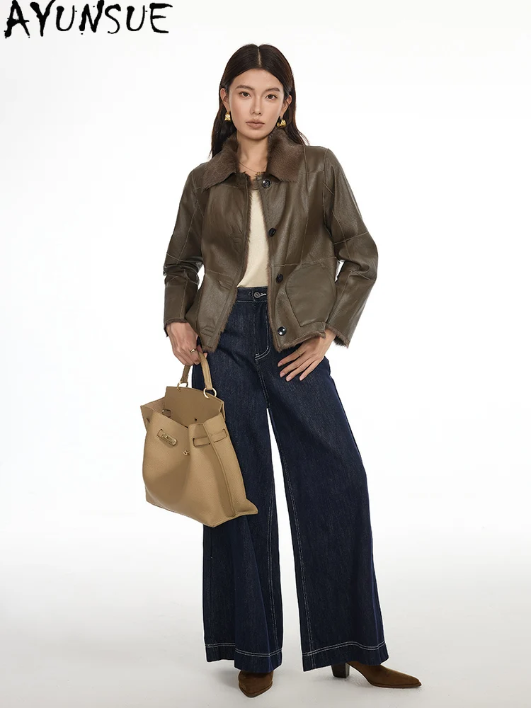 معاطف فراء من جلد الغنم الطبيعي من AYUNSUE سترة من الجلد الطبيعي من صوف الضأن للنساء 2025 ملابس شتوية دافئة للسيدات موضة شوبانا Жеenca #3