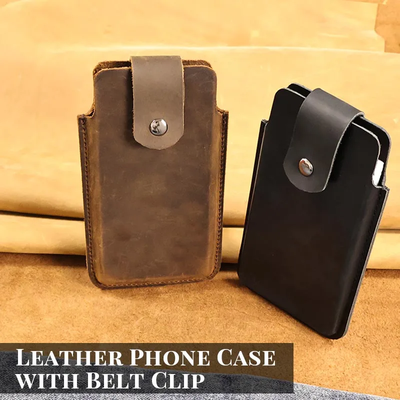 RIYAO Mobile Phone Waist Bag 6-7.3 inch Phone Holster Case Genuine Leather Cell Phone Belt Clip Pouch For iPhone 15 Samsung man