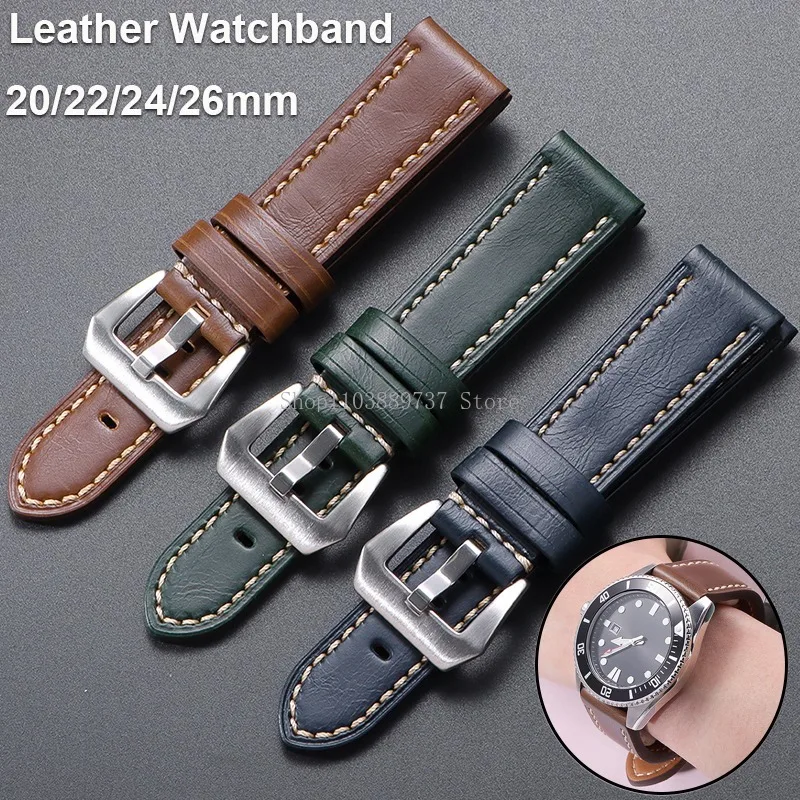 20mm 22mm 24mm 26mm Crazy Horse Leather Watchband Strap Universal Men Women Vintage Wristbelt Soft Business Bracelet for Panerai