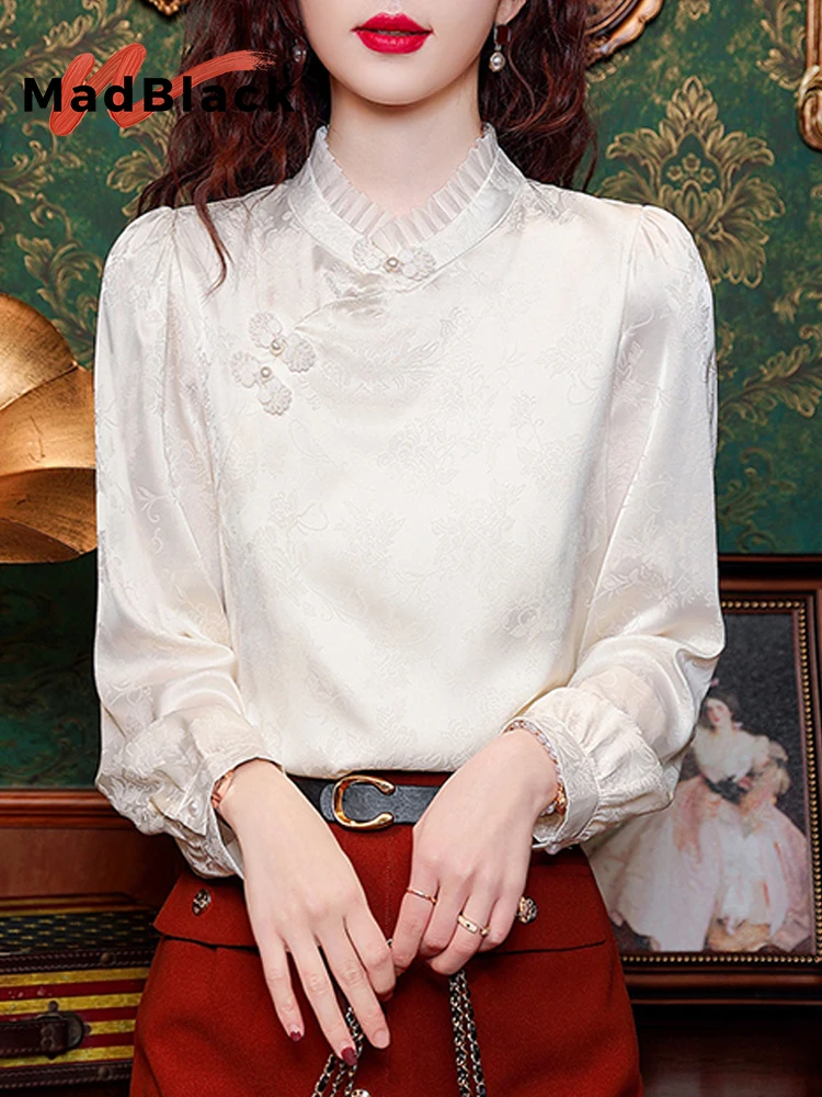 

MadBlack-Women European Shirt, Sexy Stand Jacquard Buttons, Vintage Lantern Sleeve Loose S-2XL Blouse, 2026 Spring New T5D005CC