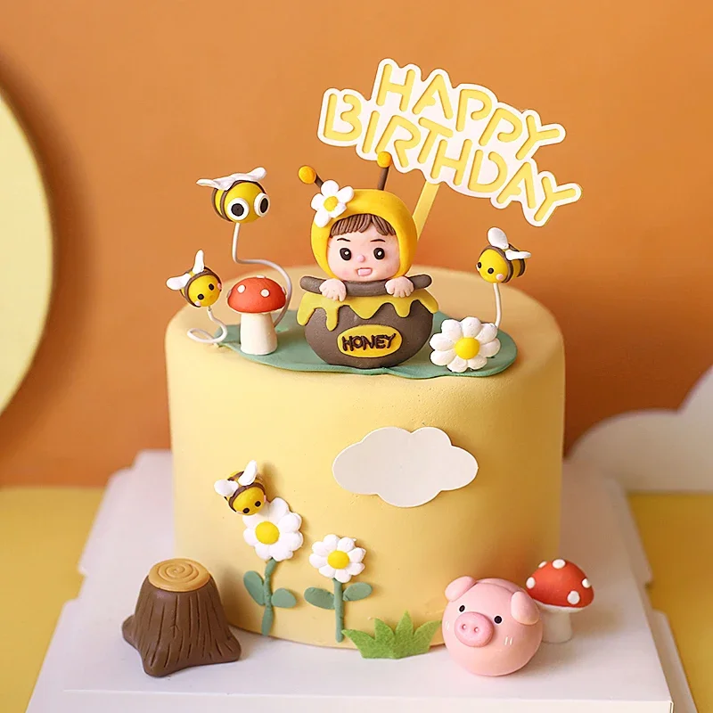 Cartoon Animal Cake Decorating Supplies Bee Felt Honey Happy Birthday Cake Toppers for Birthday Cake Decorating Sign Topper Gift