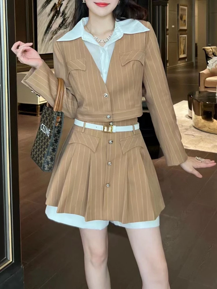 Fashion Commuter OL Striped Suit Women's Autumn New British Academy Style Fake Two Short Top+With Belt Culottes Three-Piece Set