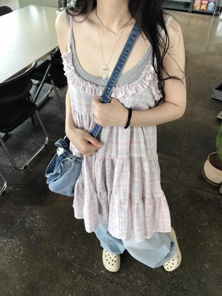 Y2k Aesthetic Plaid Ruffled Women Dress Grunge Loose Harajuku Pleated Tank Dresses Summer Streetwear Sweet Vestidos De Mujer