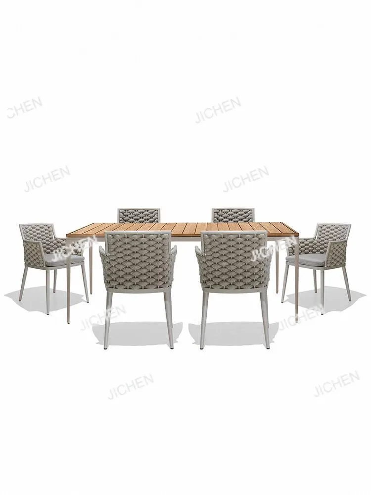 JCX Outdoor Leisure Rope Woven Long Table and Chair Combination Open-air Garden Courtyard Waterproof and Sunscreen Villa Living
