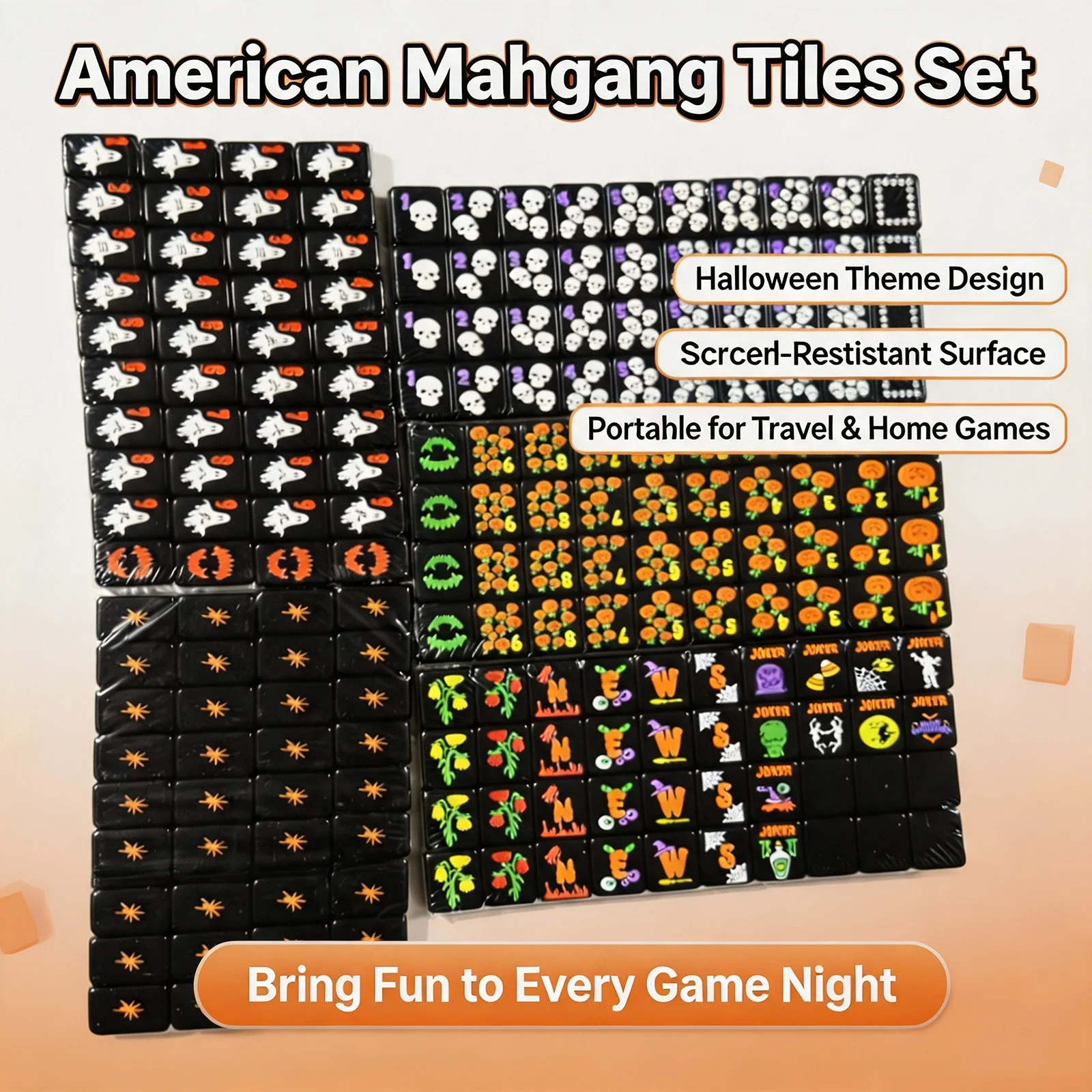 160 Pcs Halloween American Mahjong Tiles Hand-carved Spooky Engravings Mahjong Kit Halloween Mahjongs Game for Party