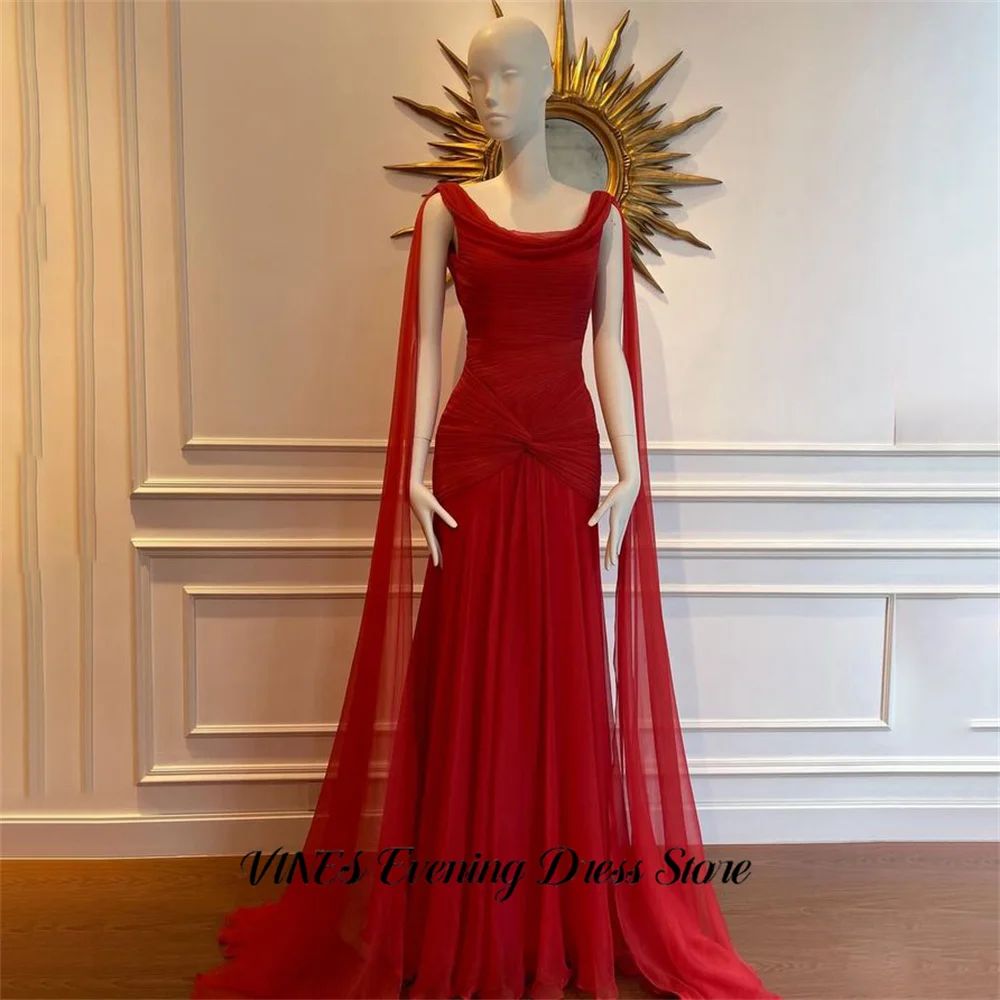 VINES Red Chiffon Evening Dresses Scoop Neck Formal Gown Open Back Night Dresses with Draped Mermaid Prom Dresses Customized image 3