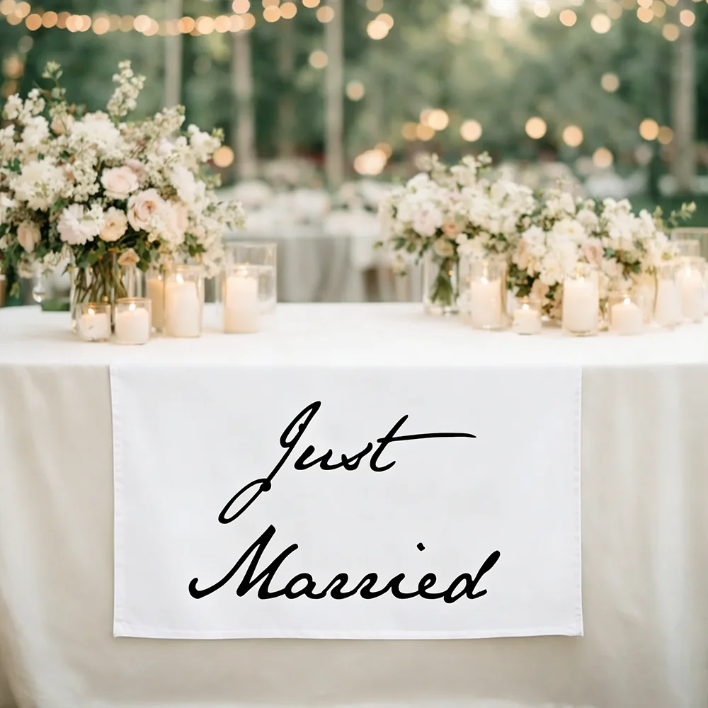 

Тканевая табличка «Just Married», скатерть на свадебный день, подарок для девичника, украшение для девичника, баннер для свадебного десертного стола