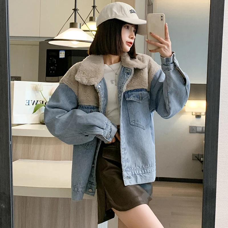 Nữ Thu Đông Áo Khoác Denim Trơn Cổ Bẻ Trang Miếng Dán Cường Lực Áo Khoác Jean Mới Quá Khổ Rời Áo Khoác Ngoài