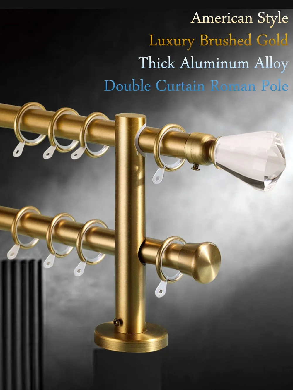 

2025 Americano High-end Cabeça De Cristal Escovado Ouro Single/Double Cortina Rod Set Para Quarto Quarto com ponteiras/Suportes