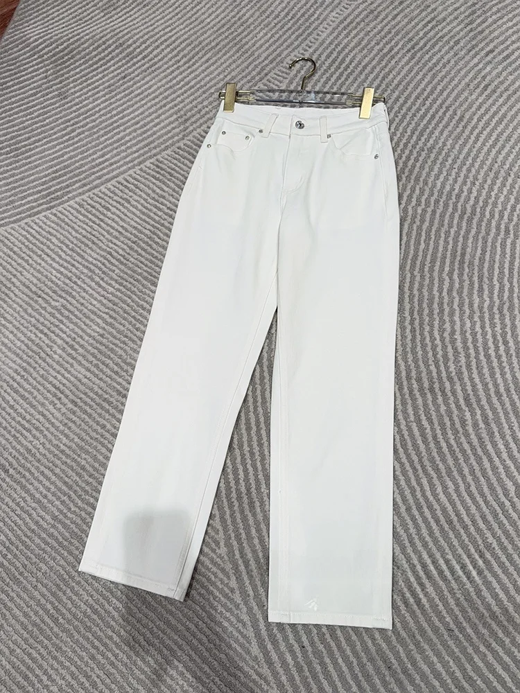 

Slimming Straight Leg High Waist Cotton Jeans Women's Faionable Versatile White Denim Spring Season Ladies' High Elastici