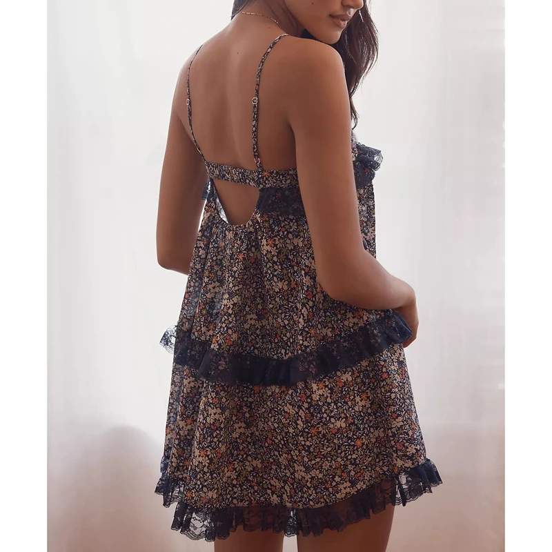 Mujer Verano Y2K Vintage Sin Mangas Volantes Encaje Trim Color Sólido/Estampado Floral Recorte Suelto Mini Cami Vestido