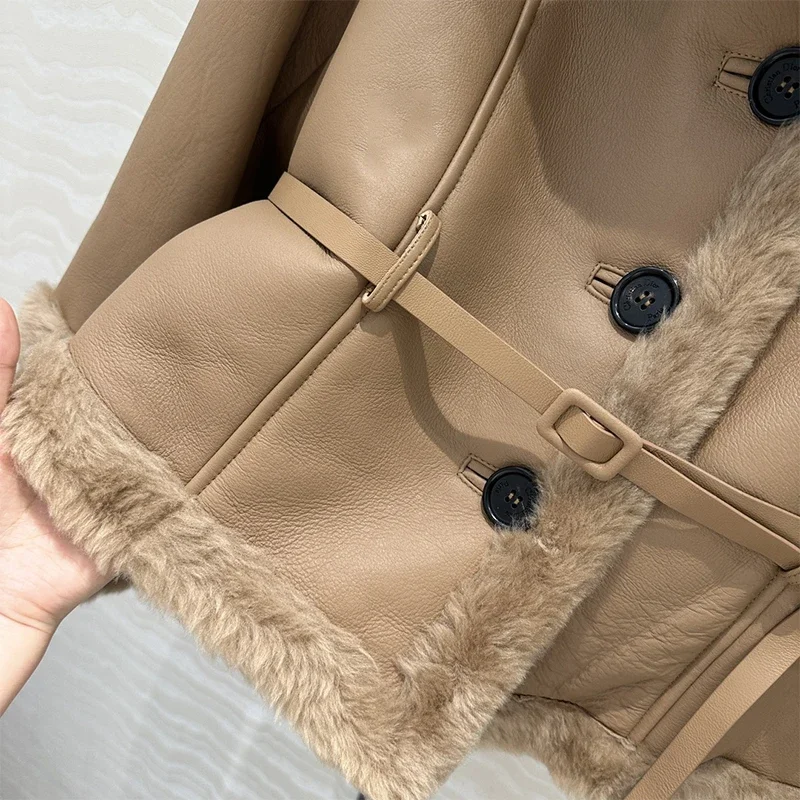 2024 AW Autumn New Cashmere Tweed Jacket Women Khaki Vintage Lapel Lace Up Leather Jacket Luxury Brands Women\'s Coats Short