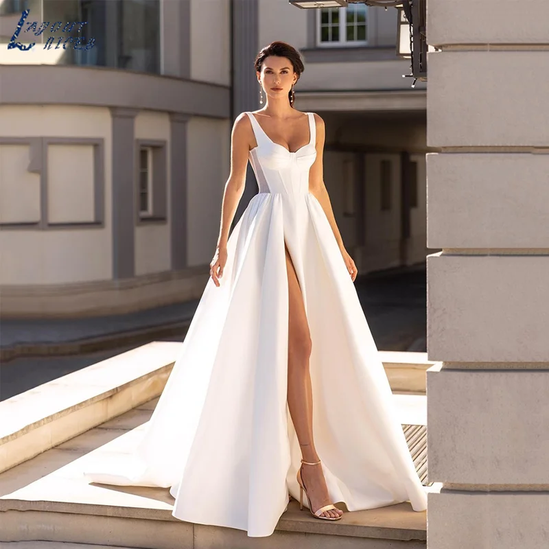 

LAYOUT NICEB A-Line Sweetheart Vestido De Noiva High Side Split Backless Wedding Dresses Spaghetti Straps Sleeveless Bridal Gown