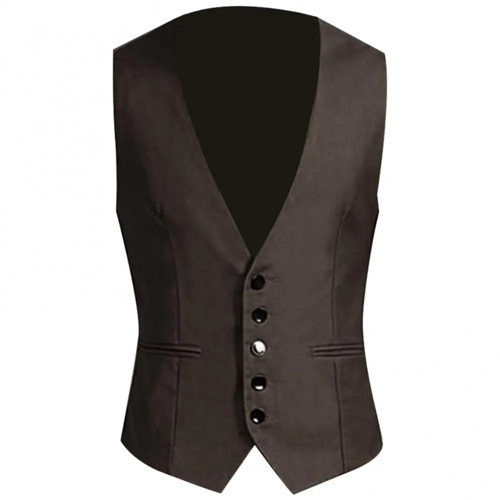 Formal Waistcoat Vest Business Solid Color Single Button Vest Men V Neck Button Pocket Sleeveless Slim Fit Casual Waistcoat