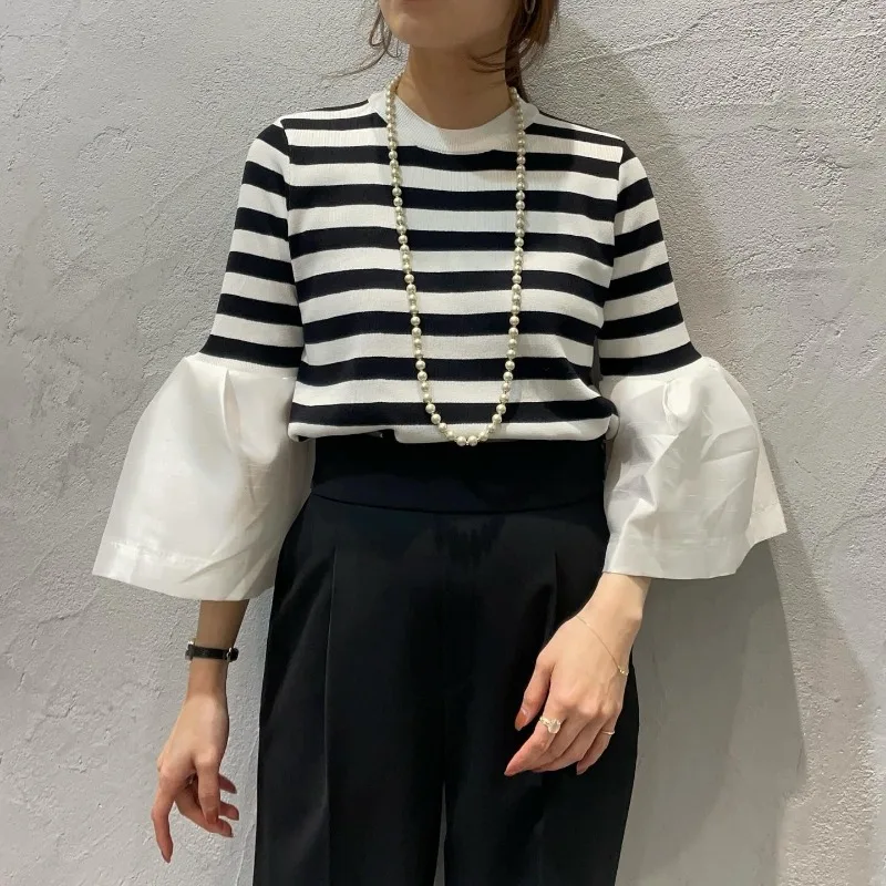 OCEANLOVE Flare Sleeve Spring Autumn Sweaters Women Tops Stripes Vintage Japanese Style Pull Femme Loose Fashion Pullovers