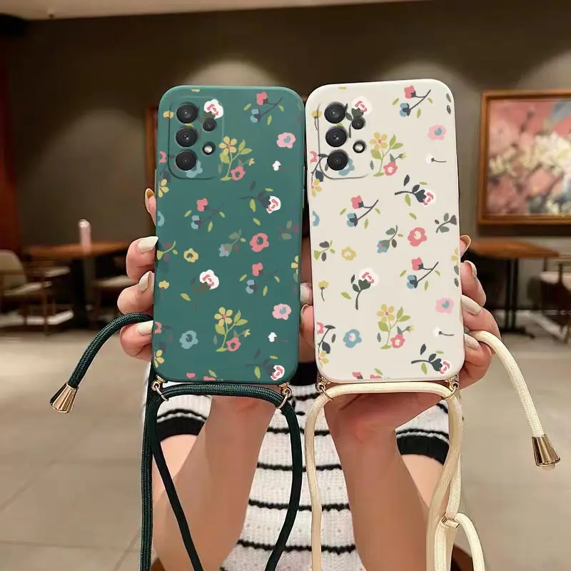 Scatter Flowers Crossbody Lanyard Silicone Phone Case For Samsung Galaxy A53 A54 A52 A51 A72 A50 A73 A32 A34 A21S A22 A24 Cover