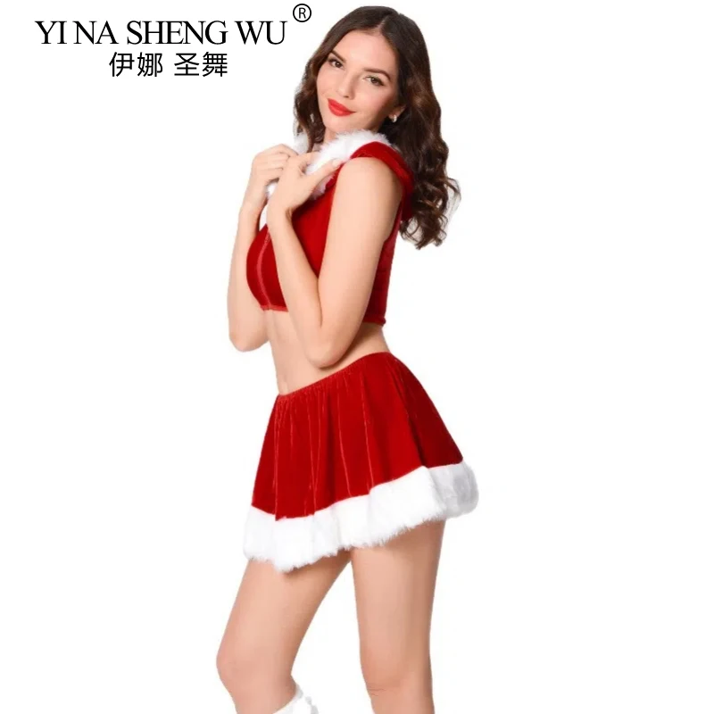 Women Sexy Plush Splicing Performance Costume Christmas Suit 3pc Top, Skirt, Foot Cover Christmas Performance Costume