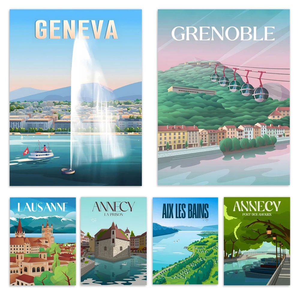 Lake Geneva, Aix-les-Bains, Lake Bourget, Grenoble, Lake Annecy, town of Saint-Maurice, Evian-les-Bains, Alps, travel poster