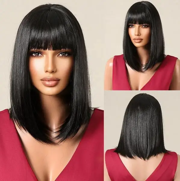 

Natural black wig short straight women's fluffy bangs wig