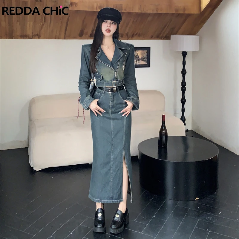 ReddaChic Women Belted Bomber Coat Split Skirt Set Vintage Wash Zip-up Cropped Jacket High Rise Long Skirt Biker Moto Streetwear