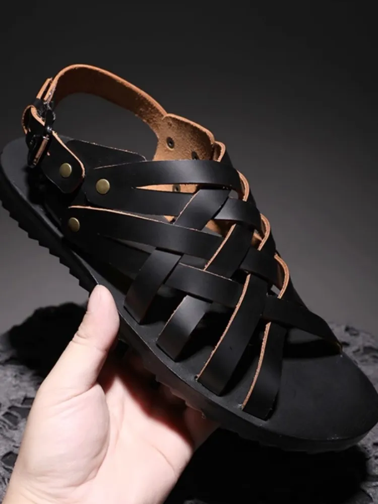 Handmade Flat Shoes Cowskin Genuine Leather Sandal Men Summer Open Toe Breathable Strap Buckle Vintage Design Gladiator Sandals