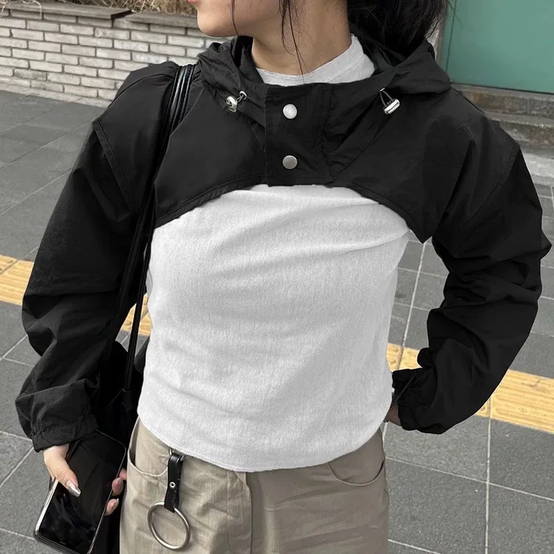 New Autumn 2024 Pure Color Short High Waist Stand Collar Hooded Sun Protection Outerwear Small Jacket Top Women's Outdoor Clo...