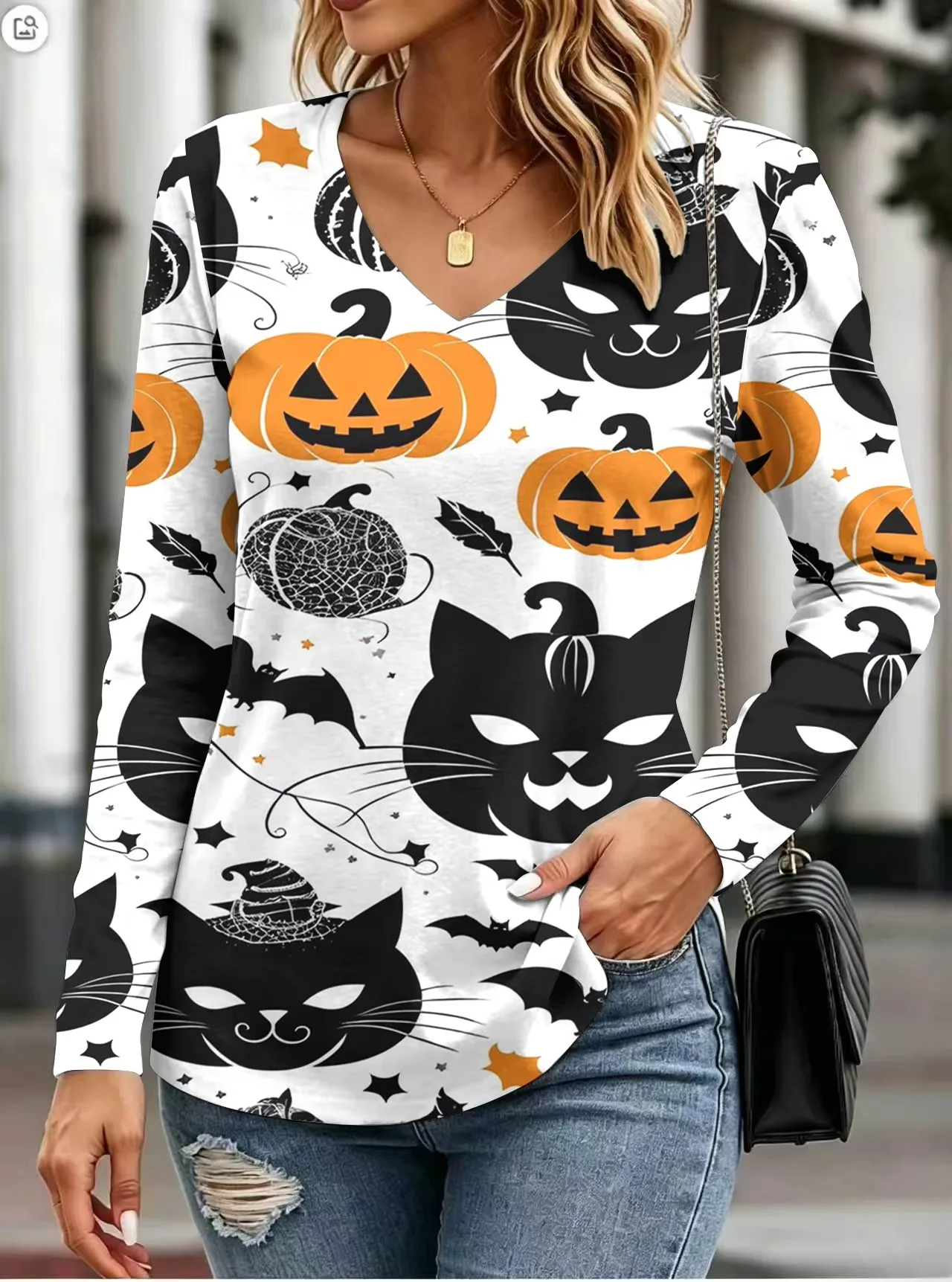 Women's Casual Tops Street Style Halloween Pumpkin Head Funny 3D Print Women's Loose V-Neck Long Sleeve T-Shirt Holiday T-Shirt 13 S26edd61e209340bab5d2cc78d387e9ffU