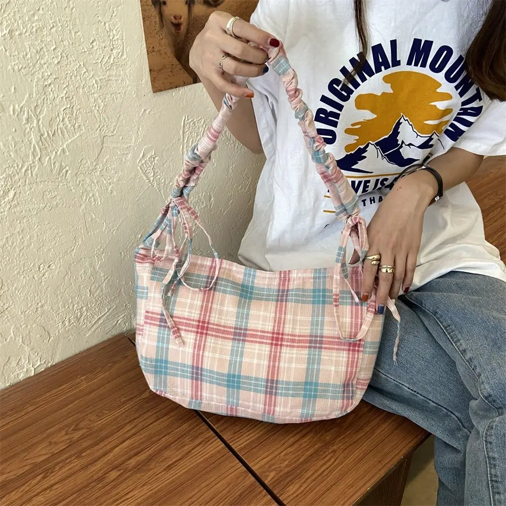 

Drawstring Sweet Pleated Dumpling Bag Bow Korean Style Lattice Tote Bag Large Capacity Casual Women Chic Underarm Bag Outdoor