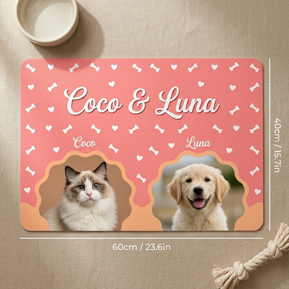 Custom Dual Pet Photo&Name Feeding Mat,Pink Heart&Bone Themed,Non-slip Easy Clean Dog,Personalized Keepsake Gift for Pet Owners
