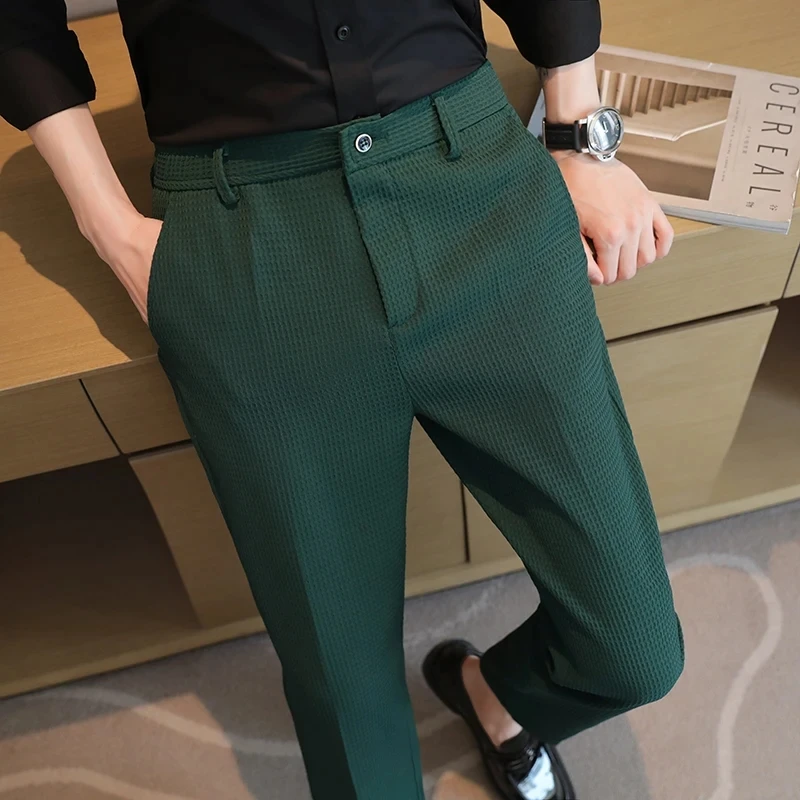 Pure Color Men Waffle Suit Pants Fashion Design Male Business Banquet Wedding Party Dress Trousers