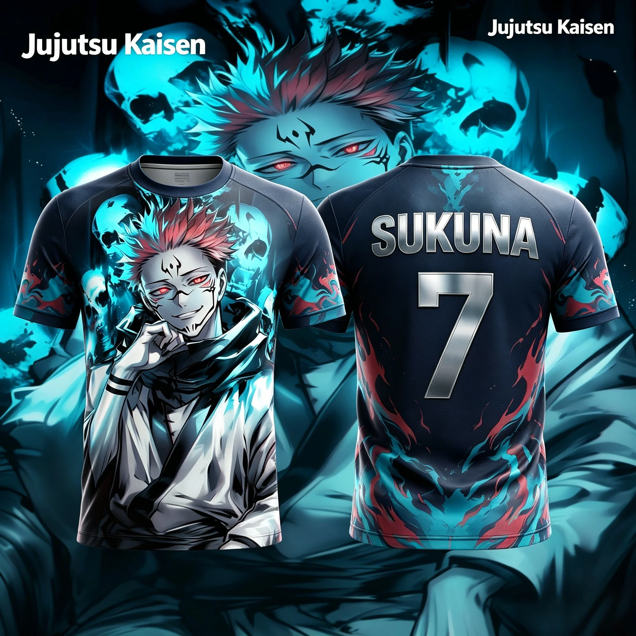 2026 Summer Jujutsu Kaisen Sukuna Blue Skull 3D Print Sports Jersey Oversized Anime Fan Tee