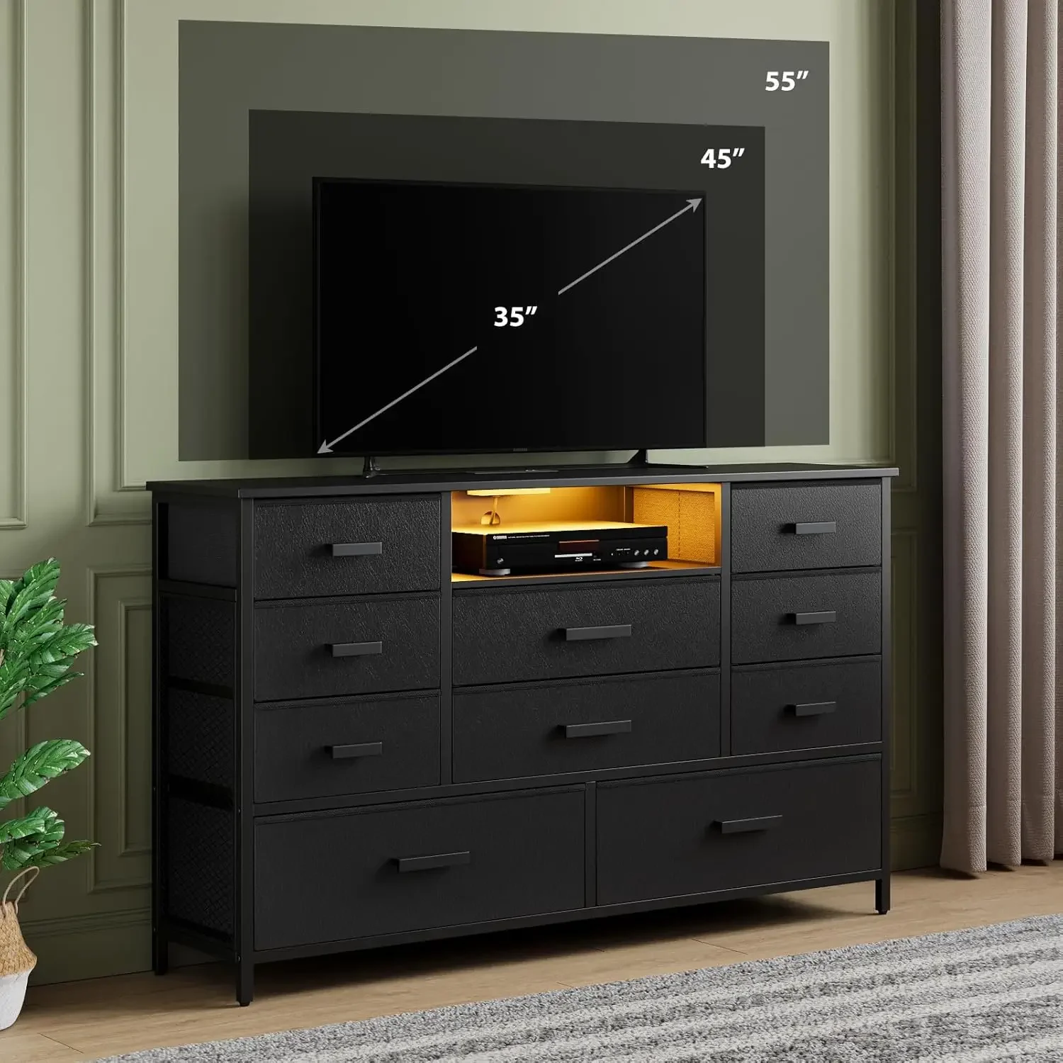 with Charging Station, Black Dresser for Bedroom with 10 Drawers, TV Stand Dresser with LED Light for 55