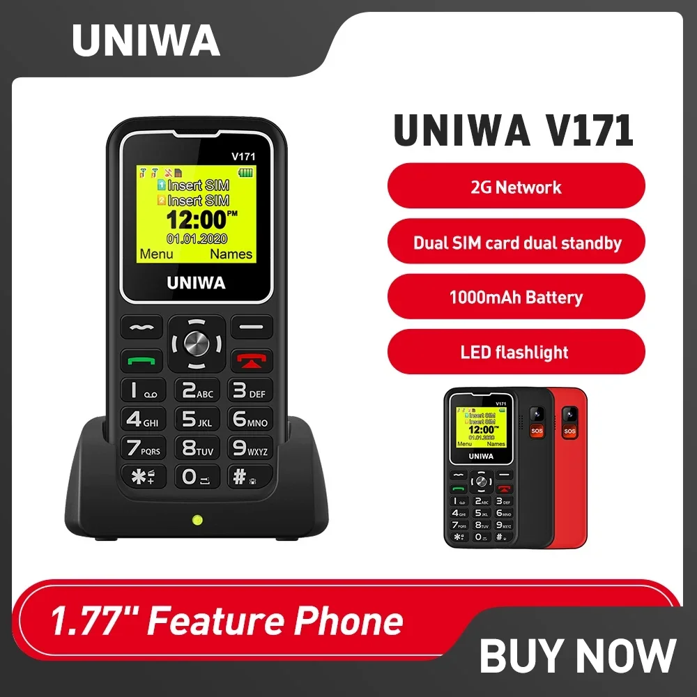 UNIWA V171 2G Functie Telefoon 1,77 inch display Draadloze FM-luidspreker Mobiele telefoon Grote knop SOS Gratis oplaaddock voor ouderen