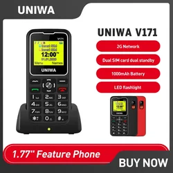 UNIWA V171 2G característica teléfono pantalla de 1,77 pulgadas altavoz inalámbrico FM teléfono móvil botón grande SOS base de carga gratis para ancianos