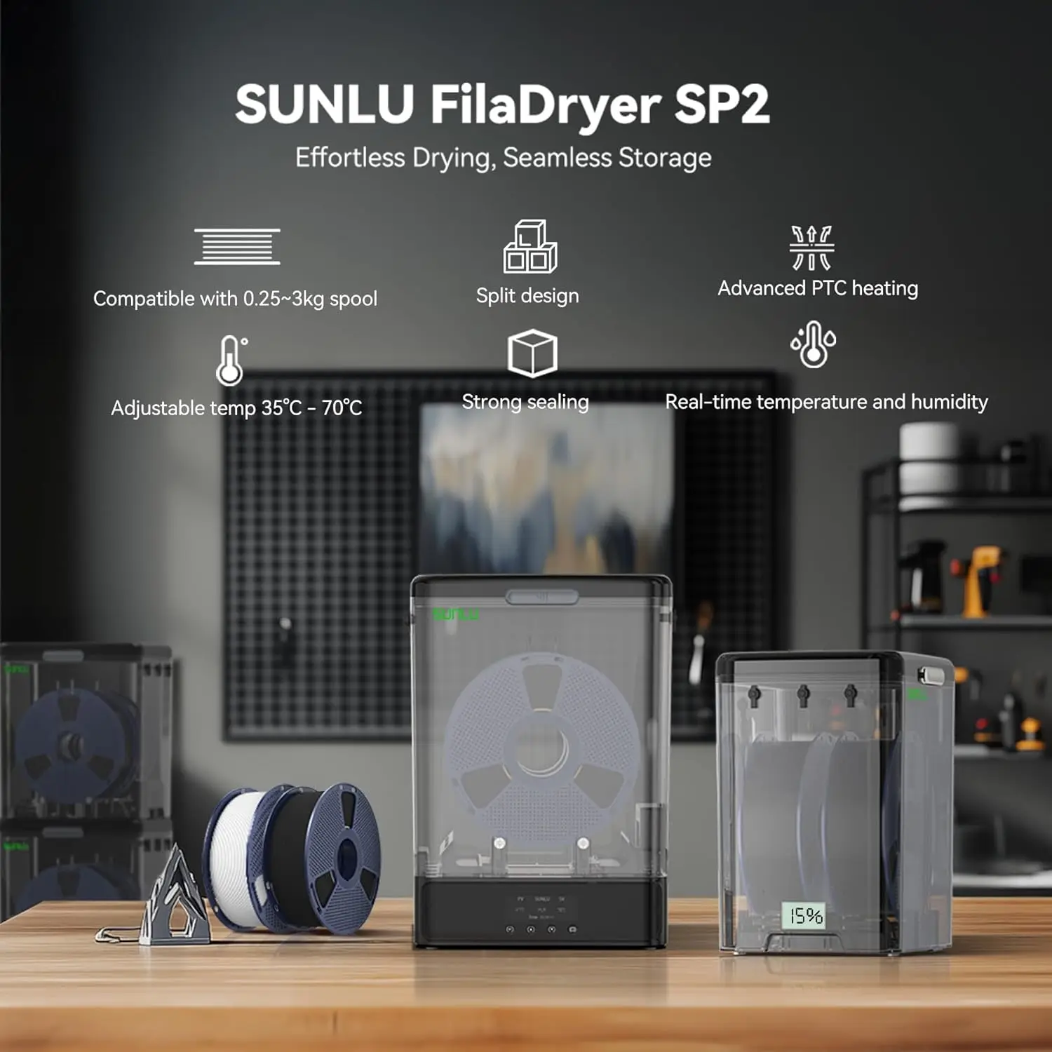 SUNLU SP2 Filament Dry Box, 70°C in 15 Mins, 3D Printing Fits 2x1kg/1x3kg Spools, 1.75-2.85mm. Smart Temp Control, Silicone Seal