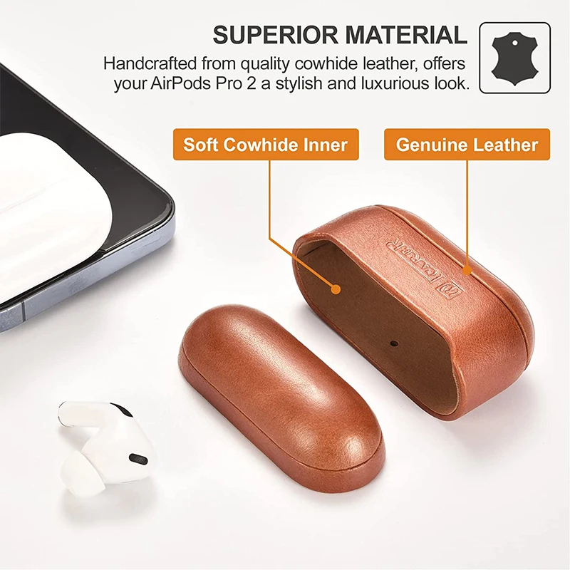 Genuine Leather Cover For AirPods Pro 2 Case Luxury Retro Leather Protective Case for AirPods Pro 2nd Generation Brown Color