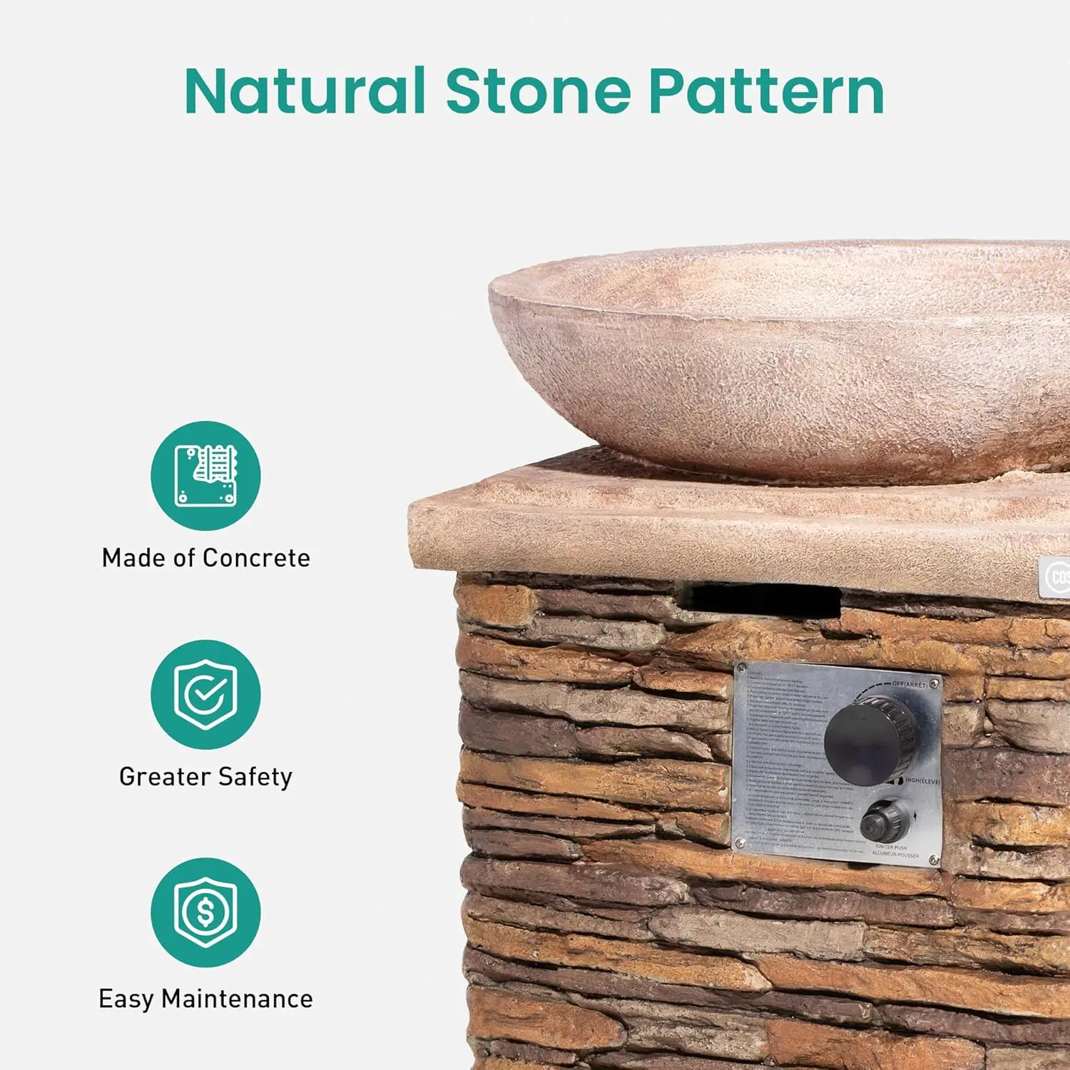 Outdoor Patio Propane Fire Pit with Stone Material, Waterproof Cover, 40,000 BTU, CSA Certified