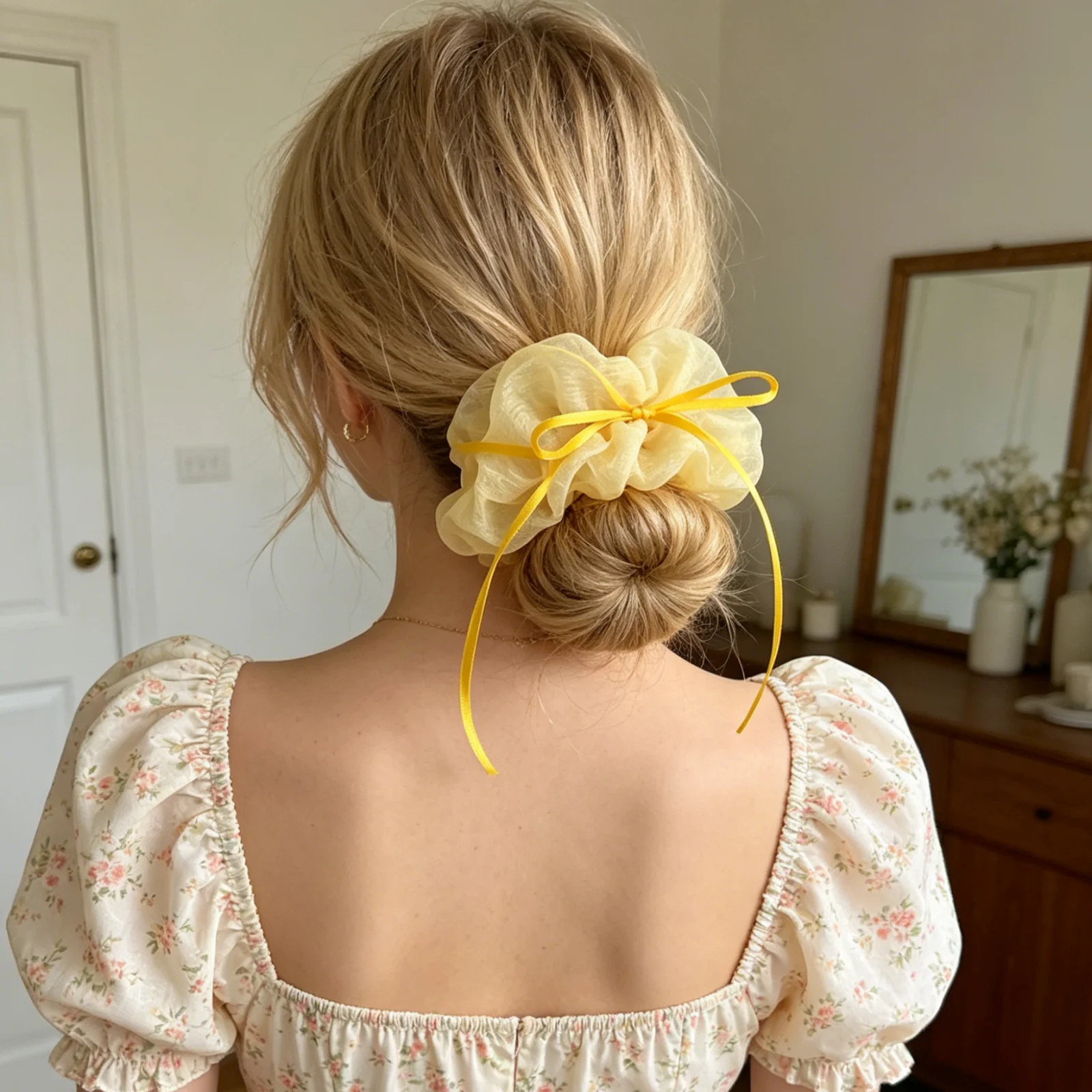1PC Chouchou élégant en mousseline de soie, orné de mini nœuds en satin, élastique doux pour cheveux, pour la décoration quotidienne des cheveux des filles