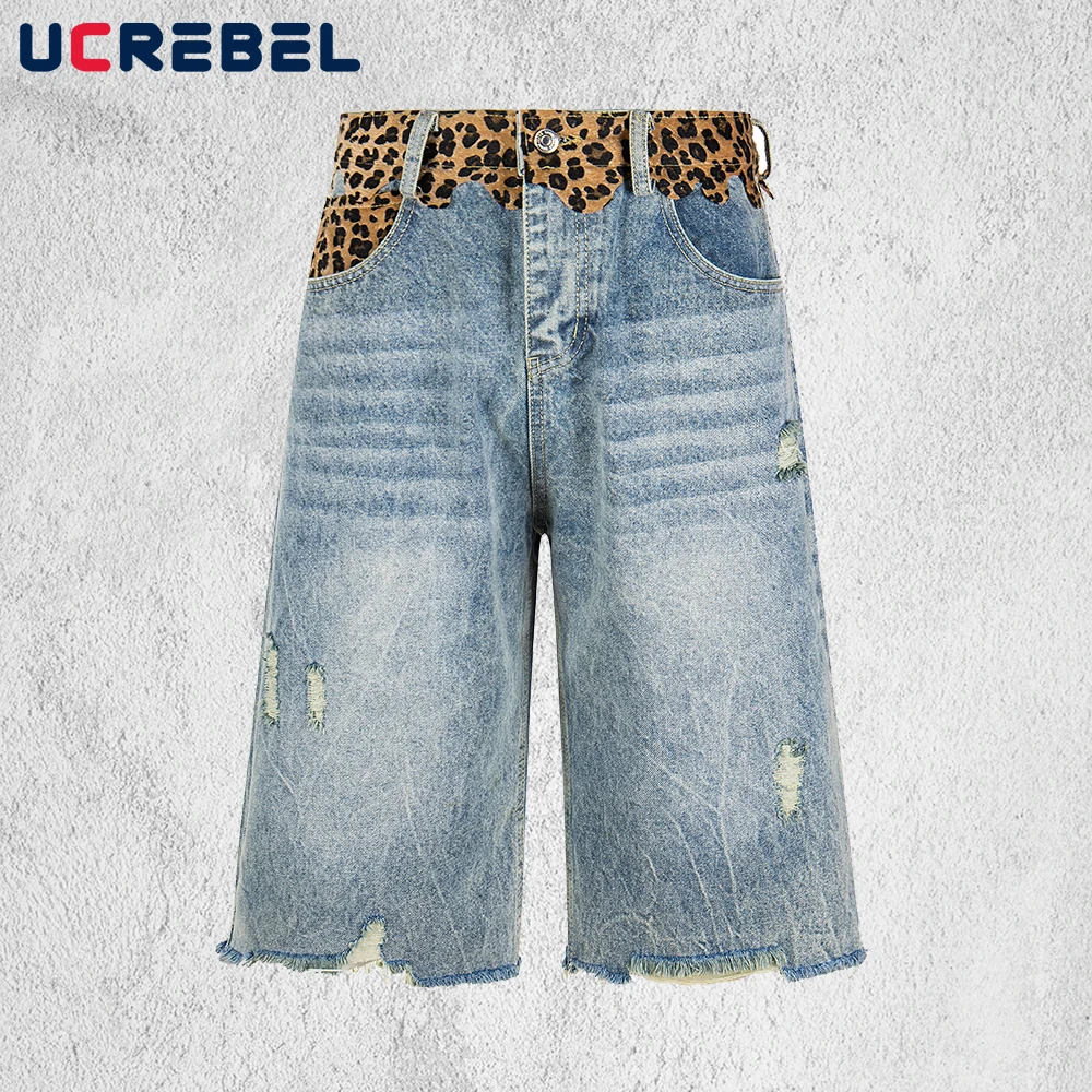 

Leopard Patch Denim Shorts Mens Summer Ripped Retro Washed Distressed Baggy Wide Leg Raw Hem Short Jeans Man