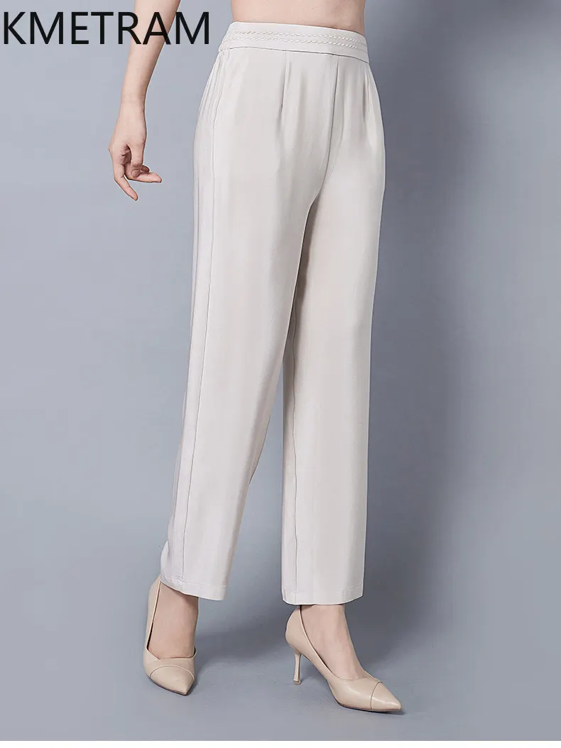 KMETRAM 100% Mulberry Silk Women Pants 2026 Summer Middle-aged Women's Ankle-length Plus Size Straight-leg Pants Ropa De Mujer