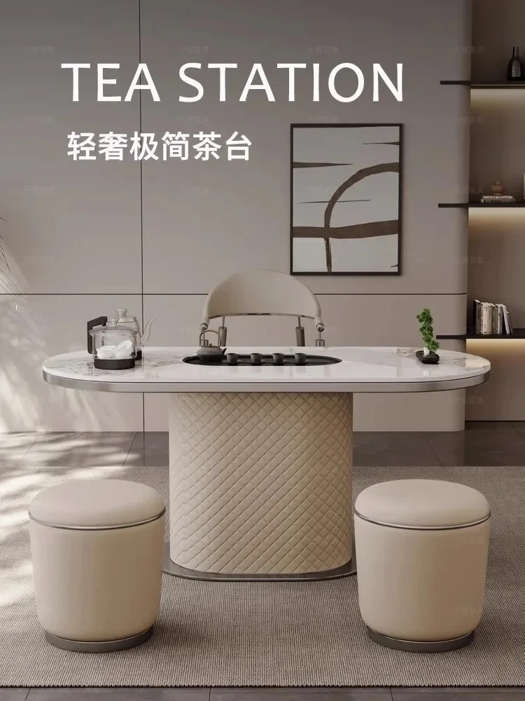 Light Luxury Stone Plate Saddle Leather Modern High-End Tea Table Home Office Tea Brewing Balcony Small Tea Table