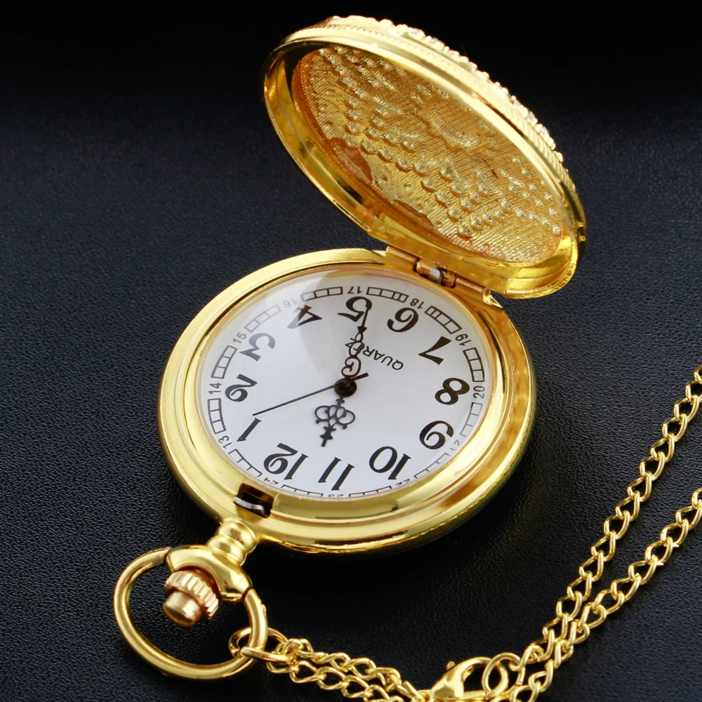 Exquisite Luxury Gold Green Gem Magic Diamond Digital Quartz Pocket Watch Women's Necklace Clock Fashion Accessories Gift
